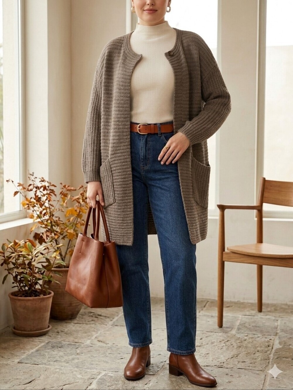 Loft 82 80% Wool Chunky Longline Cardigan Coatigan Taupe Pockets Lagenlook Artsy